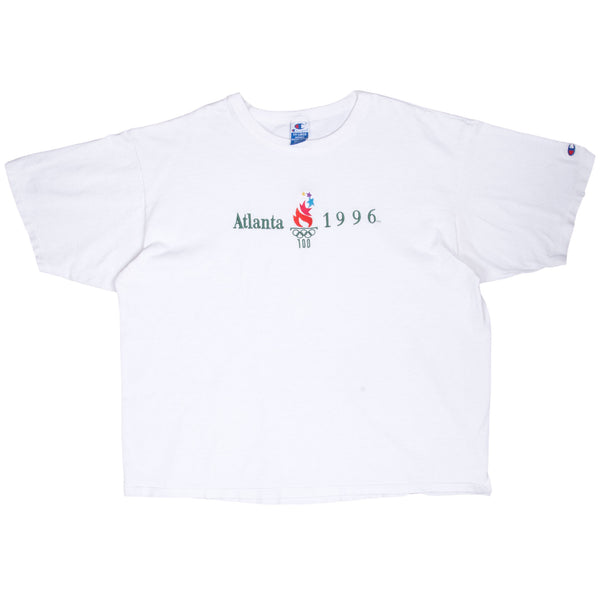 Vintage Champion Atlanta Olympics 1996 White Tee Shirt Size 2XL Made In Usa With Single Stitch Sleeves