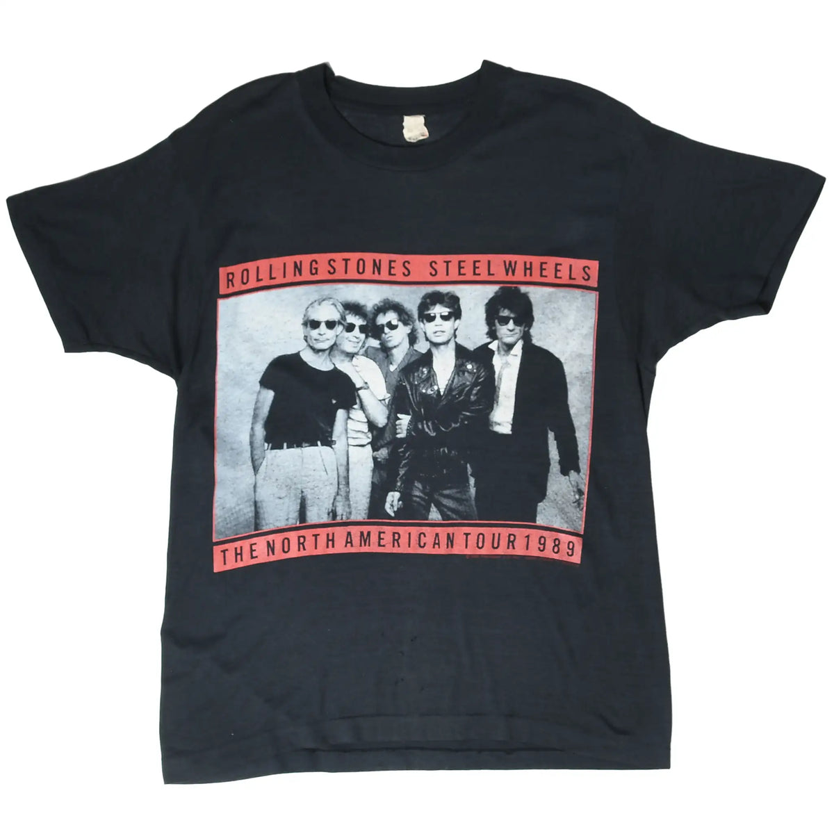 Full front view of black Rolling Stones Steel Wheels North American Tour 1989 T-shirt