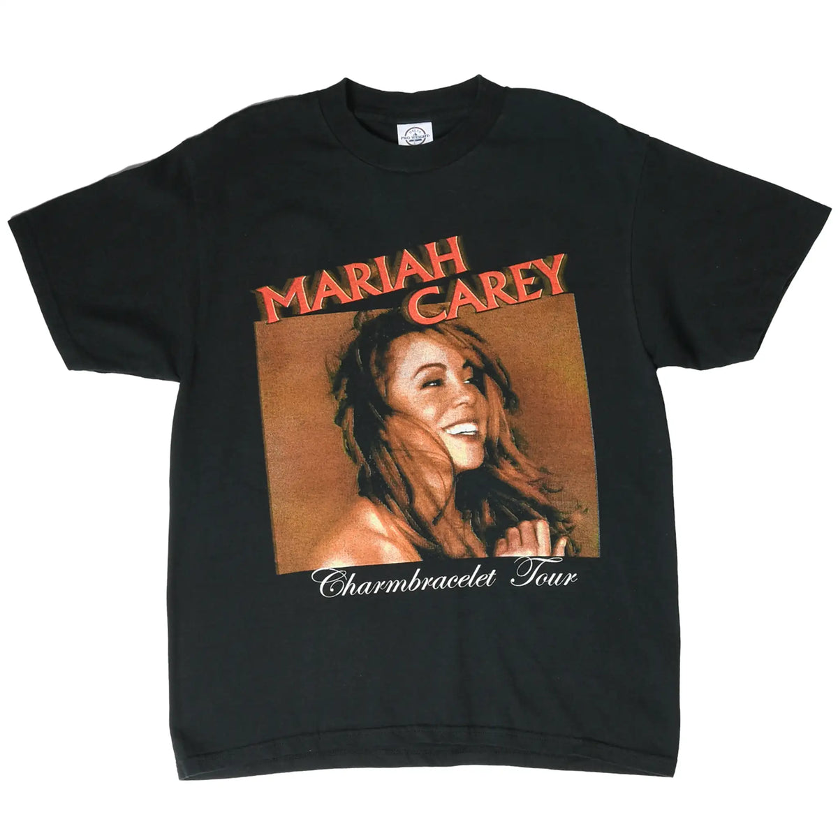 Full front view of black Mariah Carey Charmbracelet Tour T-shirt with portrait print