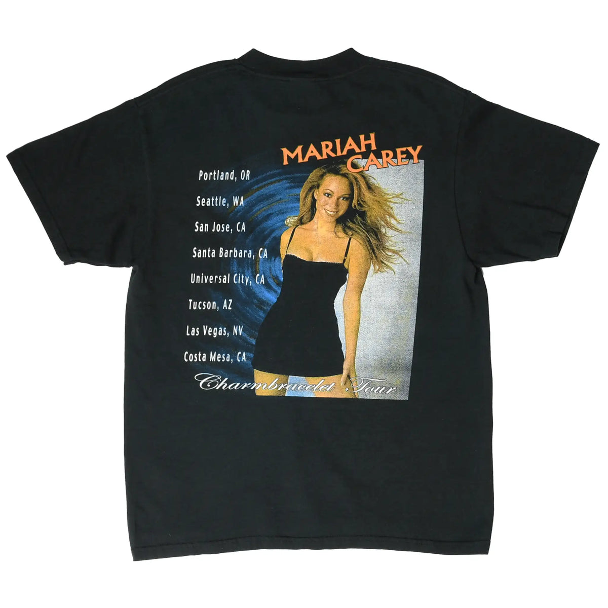 Back of black Mariah Carey Charmbracelet Tour T-shirt with portrait and city list graphic