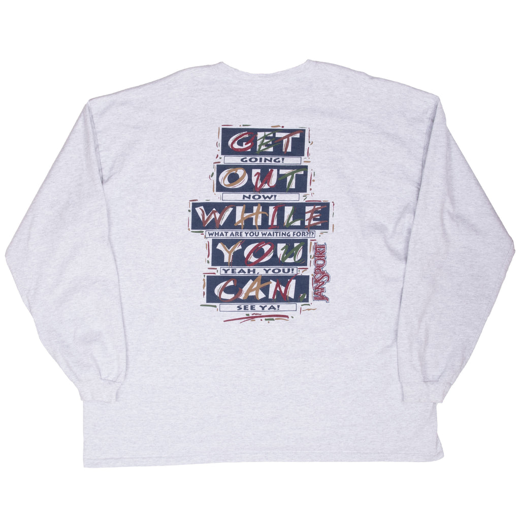 Vintage Jansport Get Going Grey Long Sleeve Tee Shirt 1990S Size 2XL Made In Usa