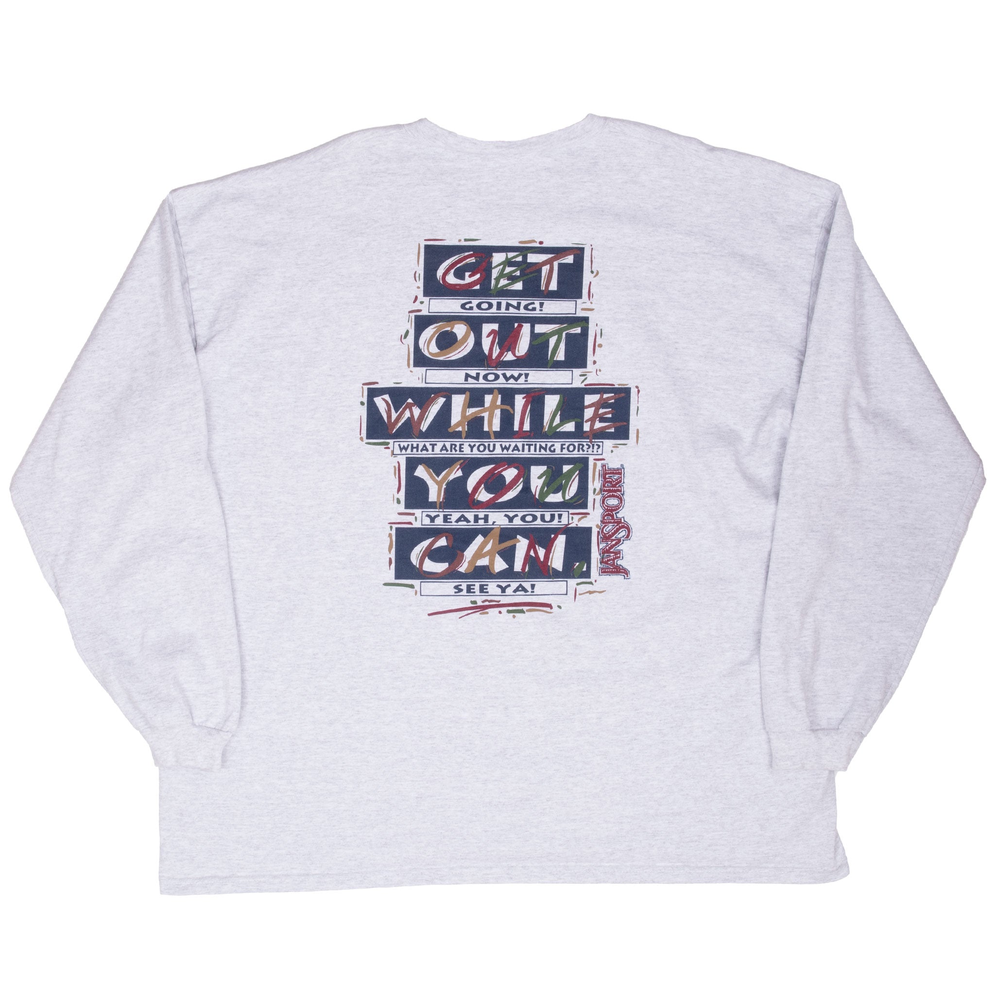 Vintage Jansport Get Going Grey Long Sleeve Tee Shirt 1990S Size 2XL Made In Usa