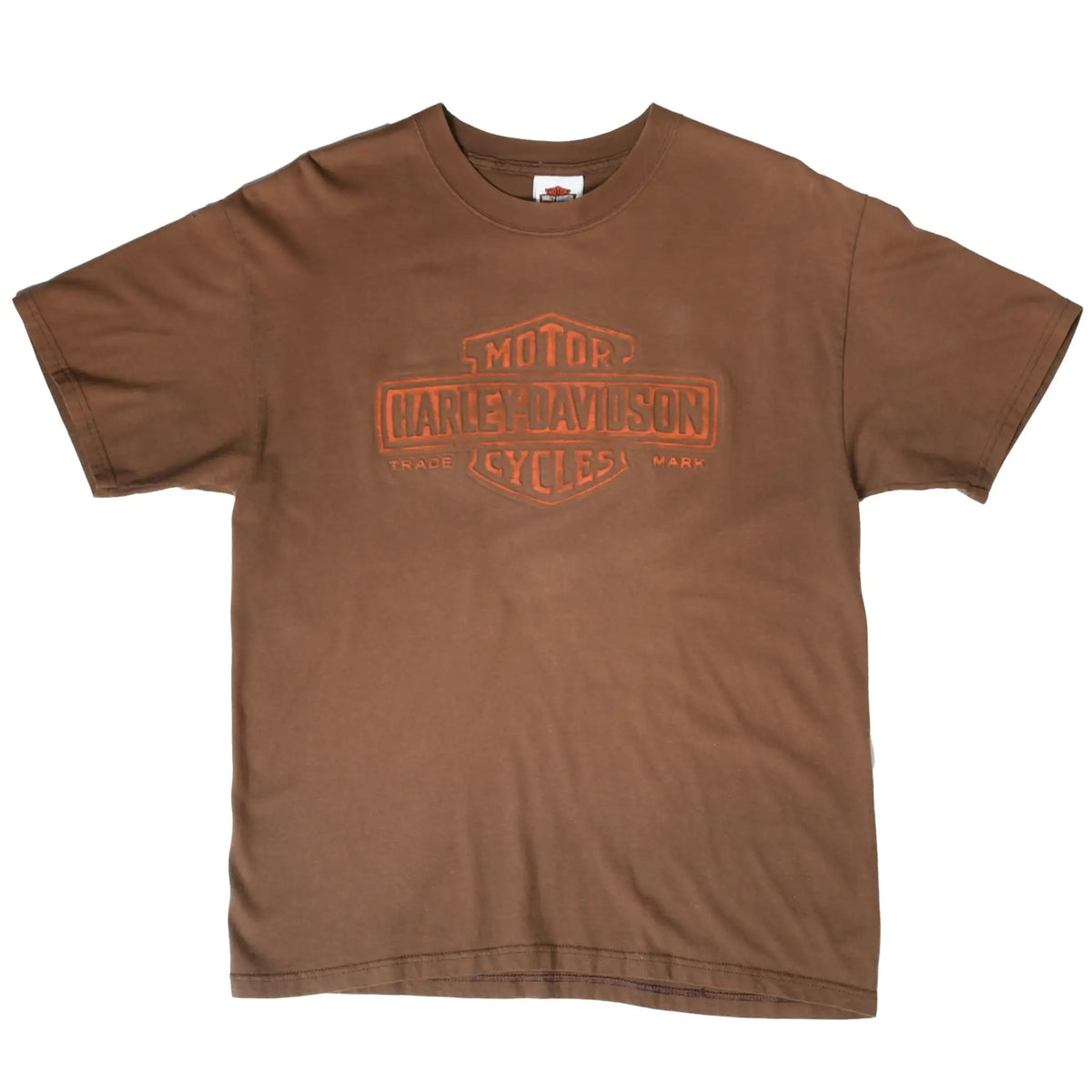 Full front view of brown Harley-Davidson T-shirt with orange logo graphic
