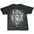 Full front view of black Looney Tunes T-shirt with colorful motorcycle character print