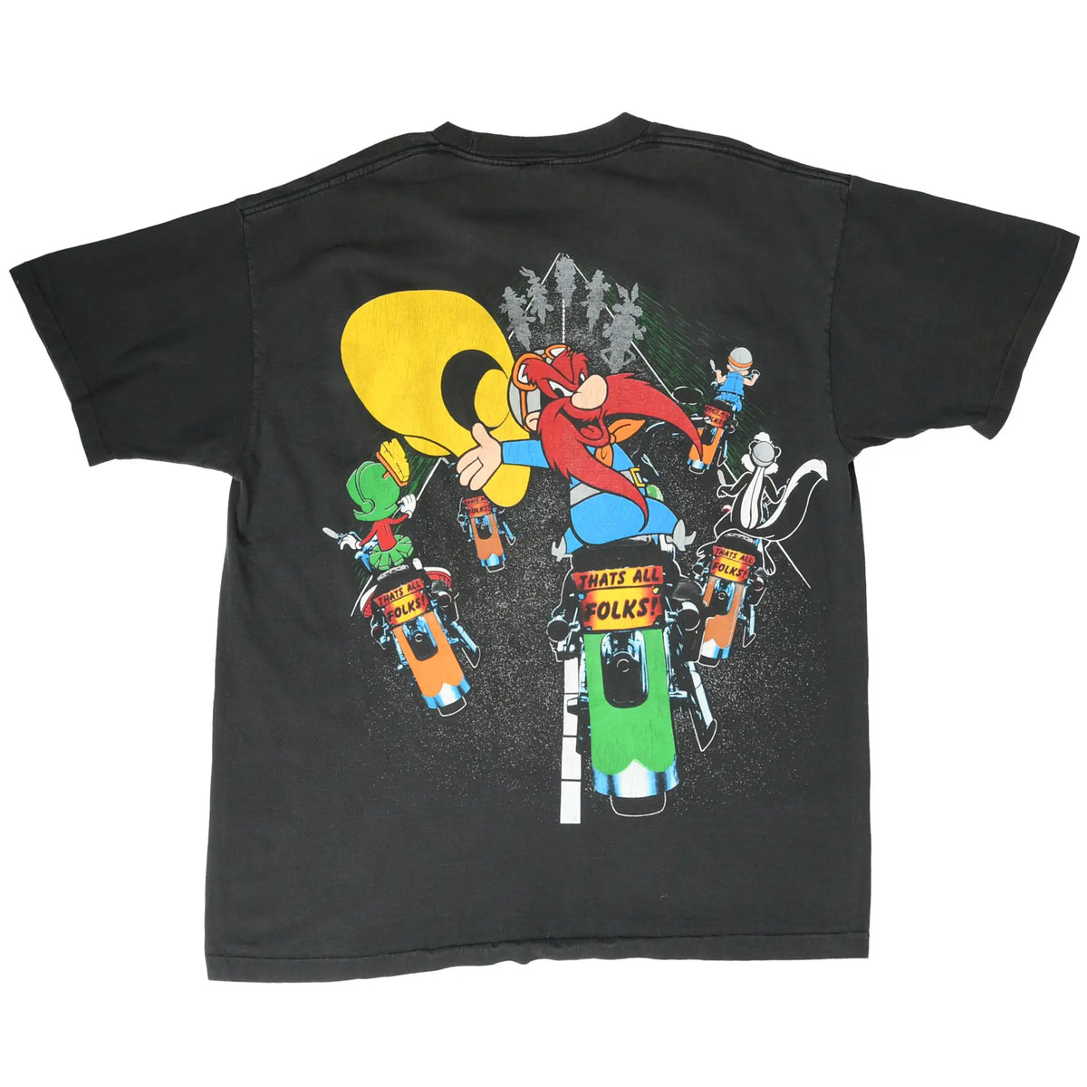 Back of black Looney Tunes T-shirt with Yosemite Sam and other characters riding motorcycles
