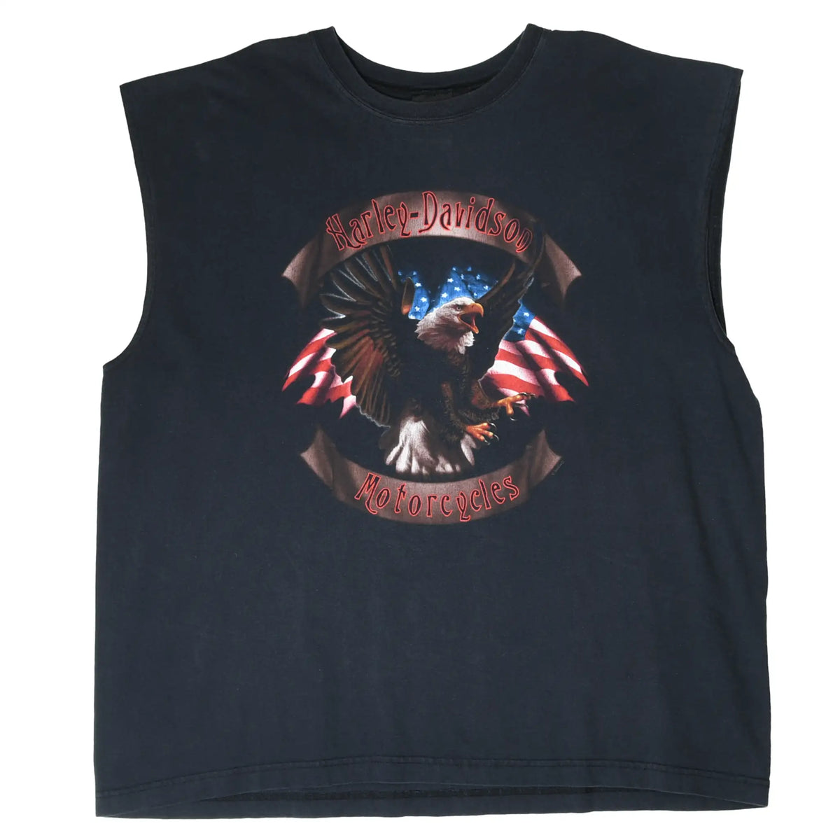 Black Harley-Davidson tank top front with eagle, American flags, and Motorcycles text