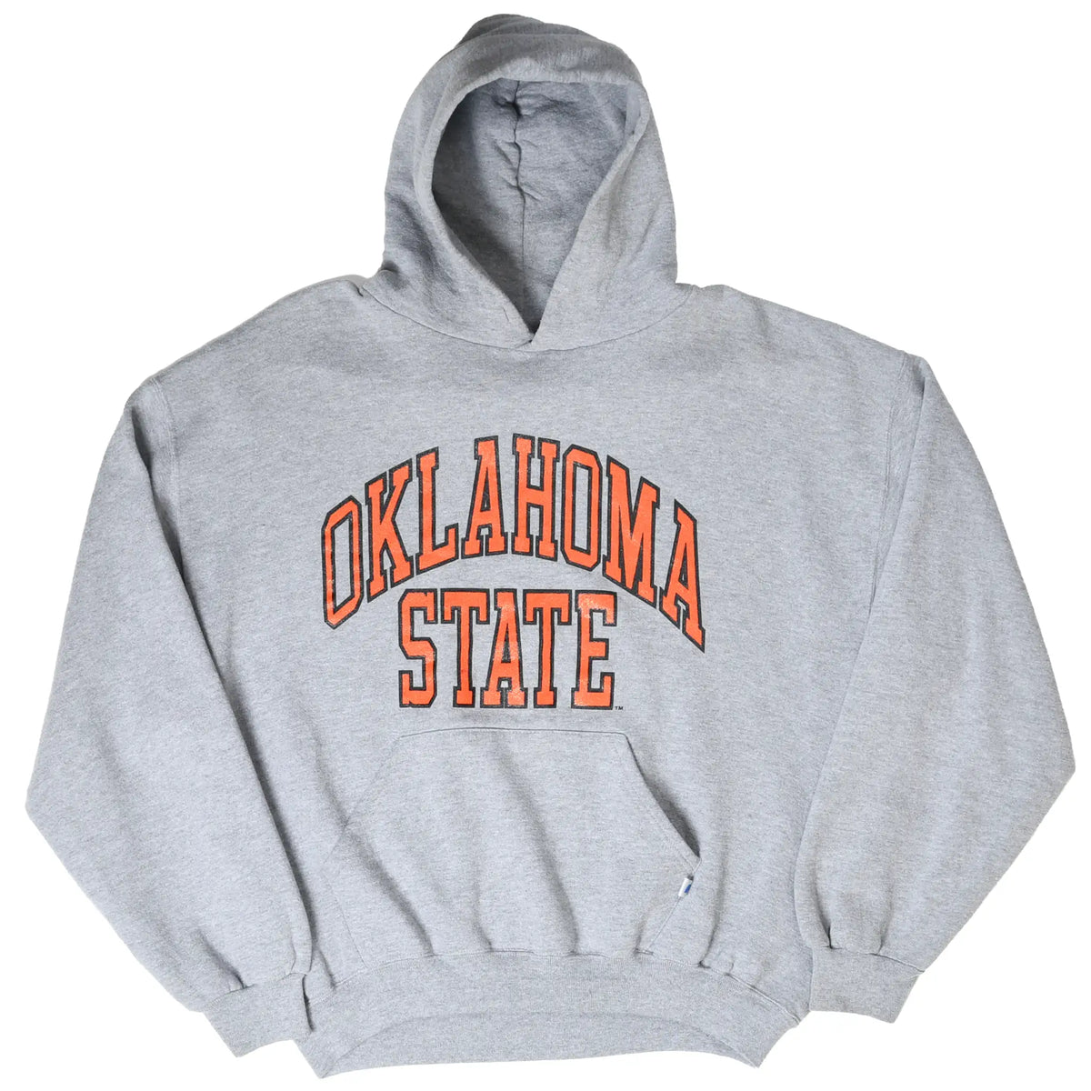 Full front view of gray Oklahoma State hoodie with pouch pocket