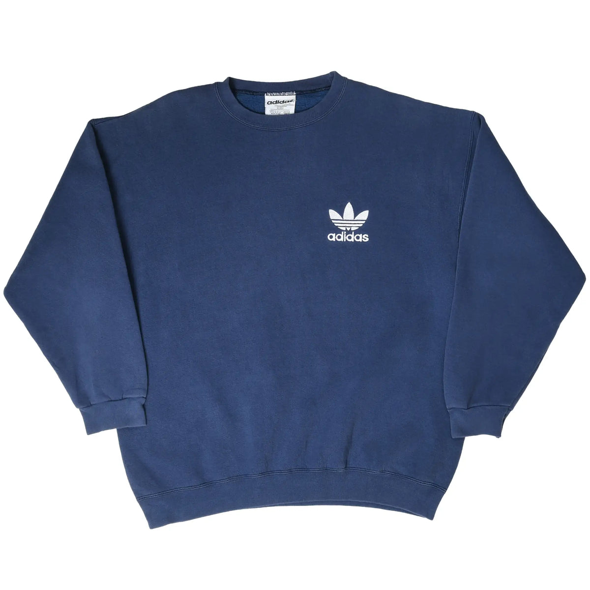 Full front view of navy blue adidas crewneck sweatshirt with white Trefoil chest logo