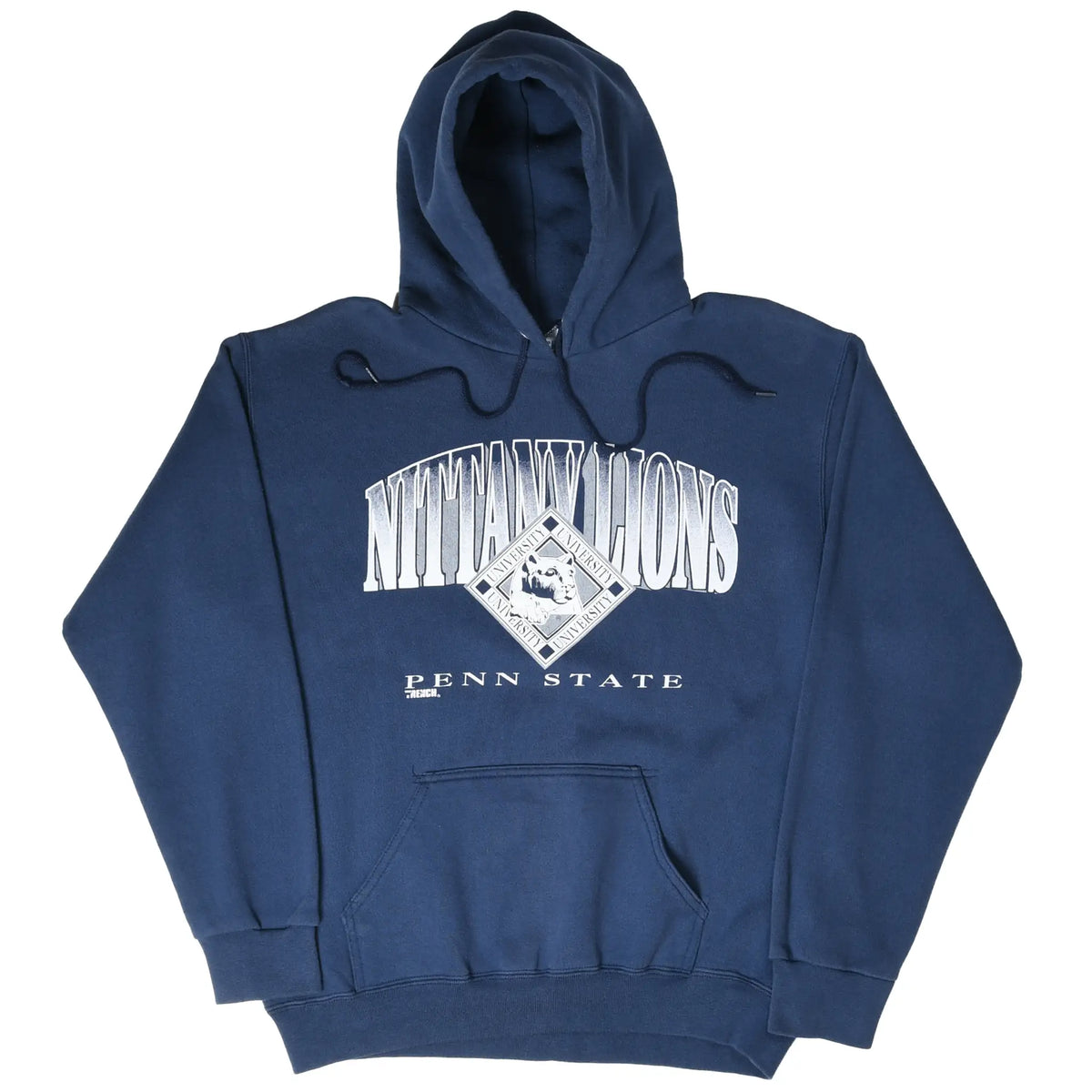 Full front view of navy Penn State Nittany Lions hoodie with drawstrings, chest print, and pouch pocket