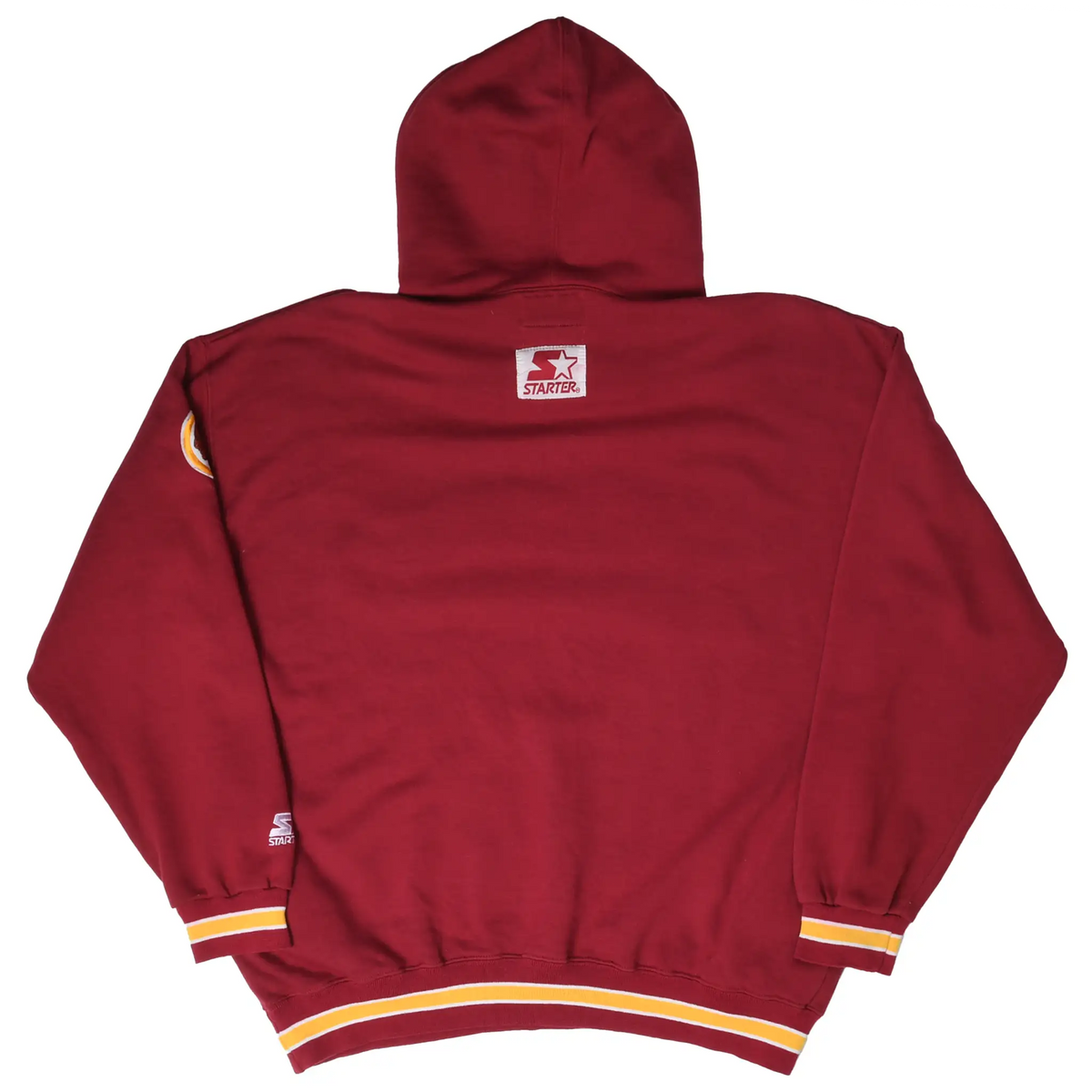 Back of burgundy Washington Redskins hoodie with Starter patch below the hood and striped trim