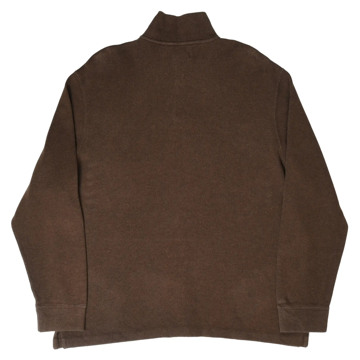 Back of brown Polo Ralph Lauren quarter-zip sweater with raised collar
