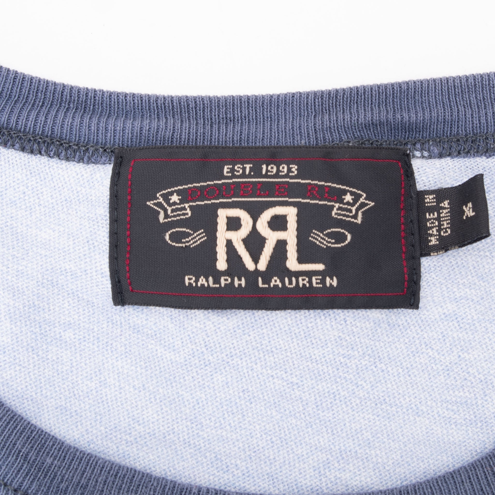 Vintage Double R Rrl Ralph Lauren America's Workwear Brand Blue Ringer Tee Shirt 1990S Size Large With Single Stitch Sleeves