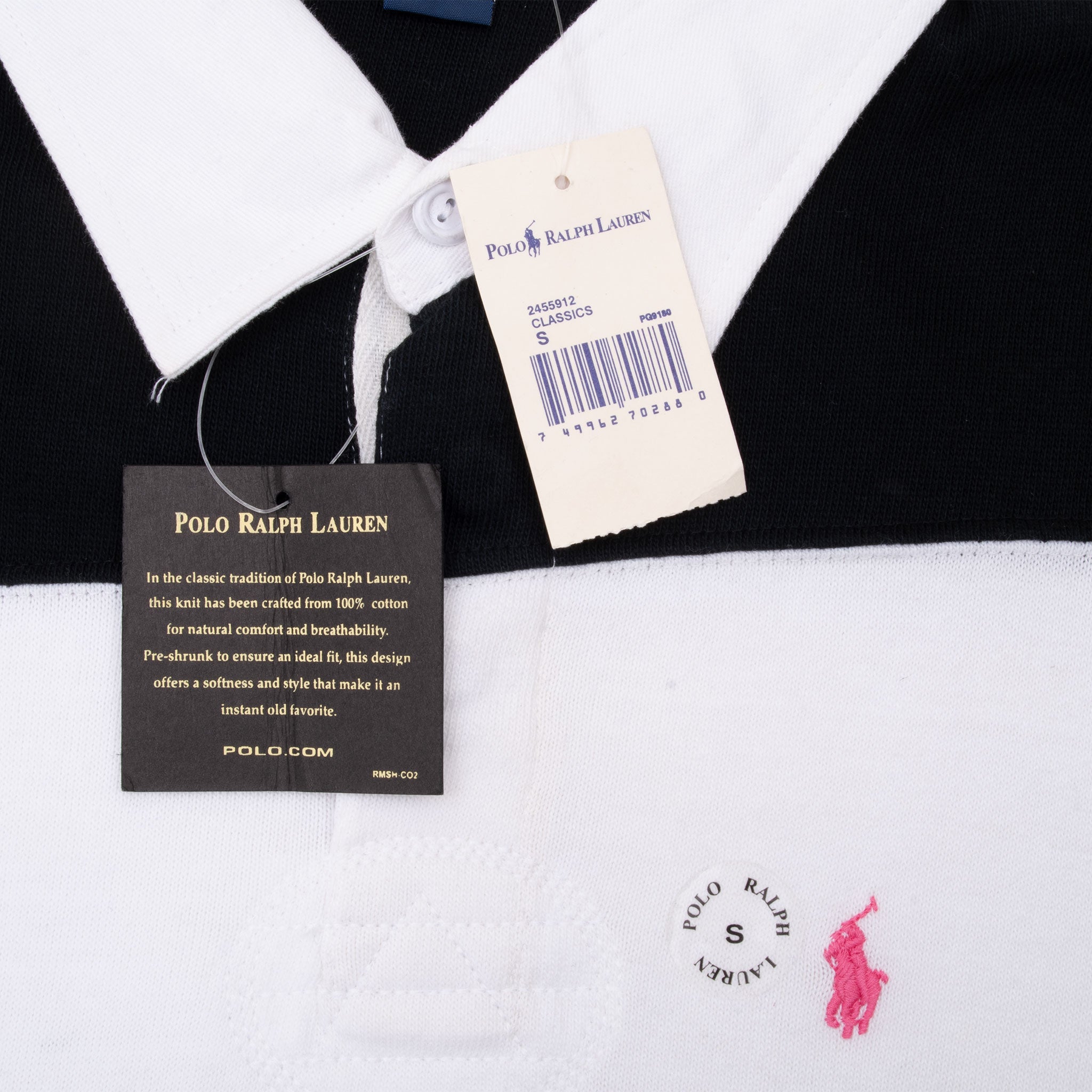 Vintage Ralph Lauren White &amp; Black Rugby Polo Shirt 1990S Size Small Deadstock