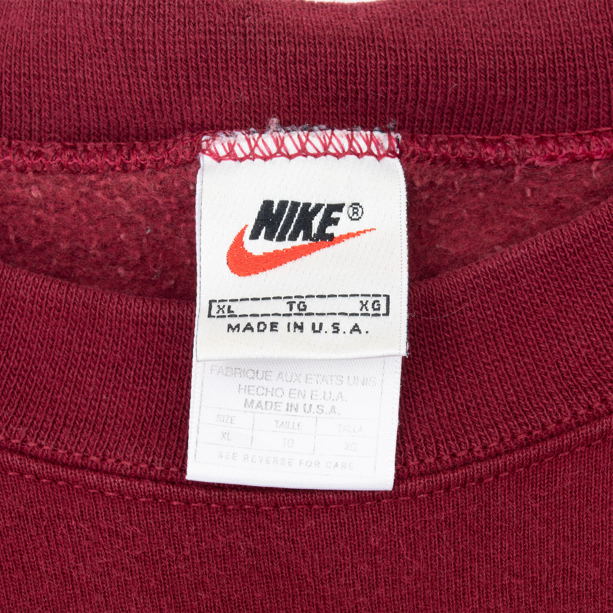 Vintage Nike Red Burgundy Classic Swoosh Sweatshirt 1990S Size XL Made In Usa