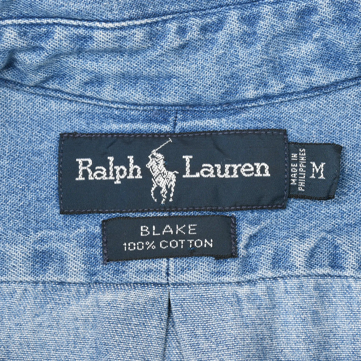 Ralph Lauren Blake label and medium size tag inside blue denim shirt collar