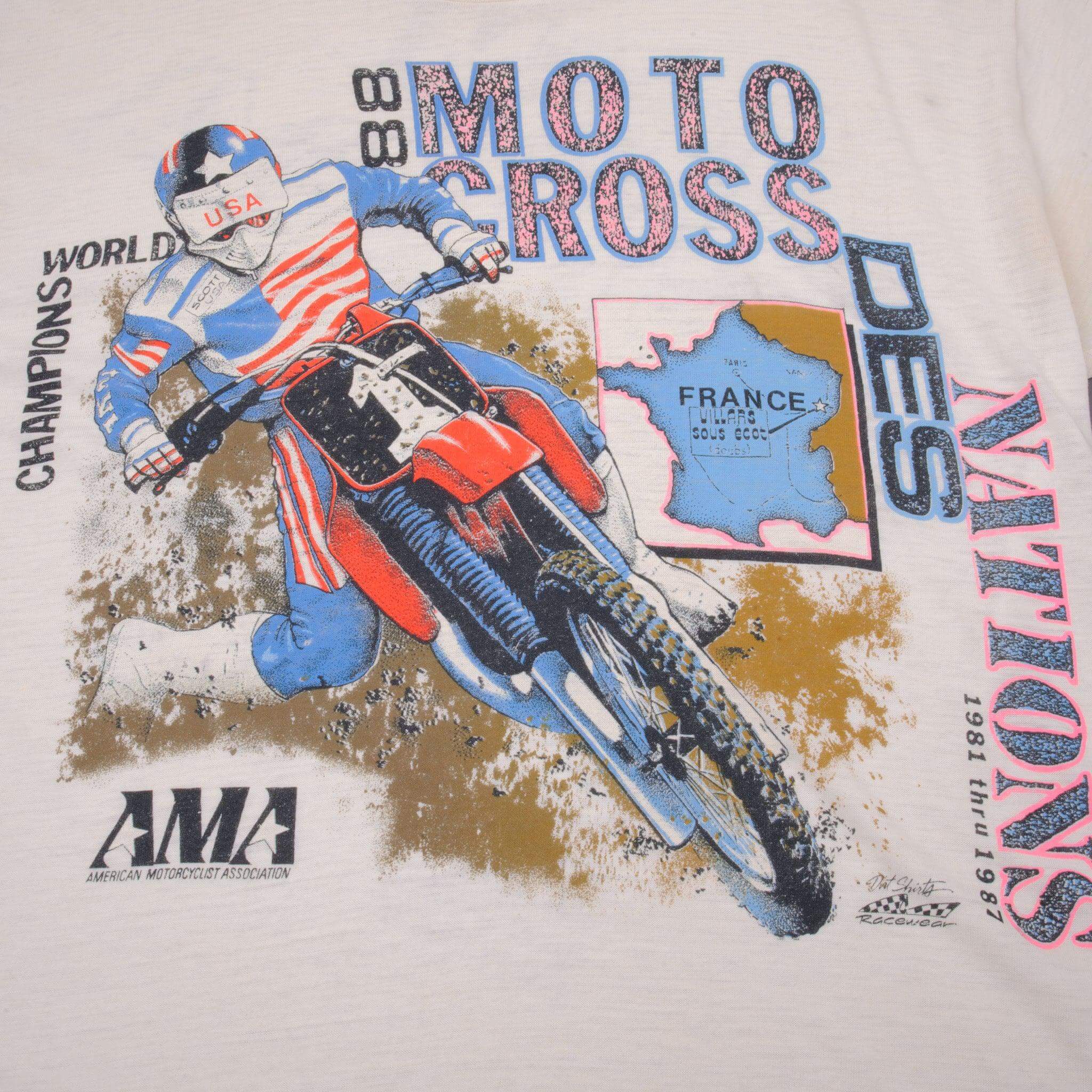 Vintage AMA Motocross Team Usa Nations Tour France 1987 Tee Shirt Size Medium With Single Stitch Sleeves