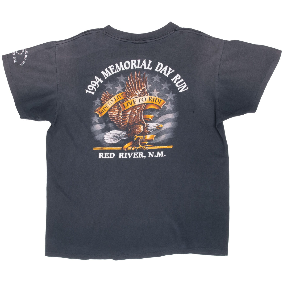 Back of black tee with 1994 Memorial Day Run eagle graphic for Red River, New Mexico