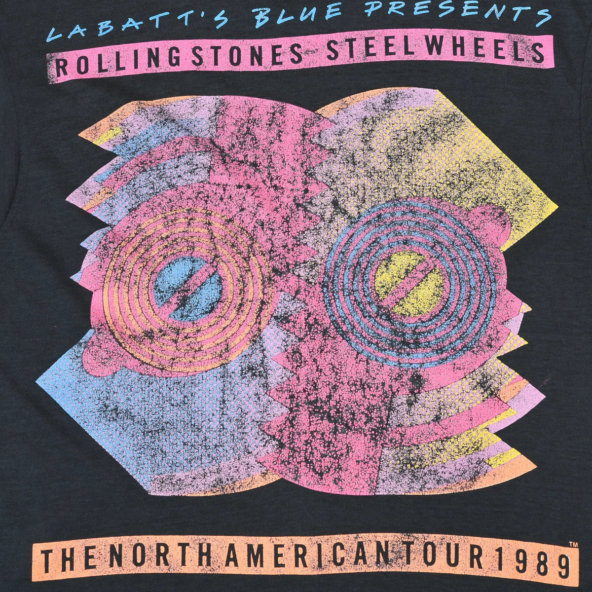 Close-up of distressed multicolor Steel Wheels North American Tour 1989 back print