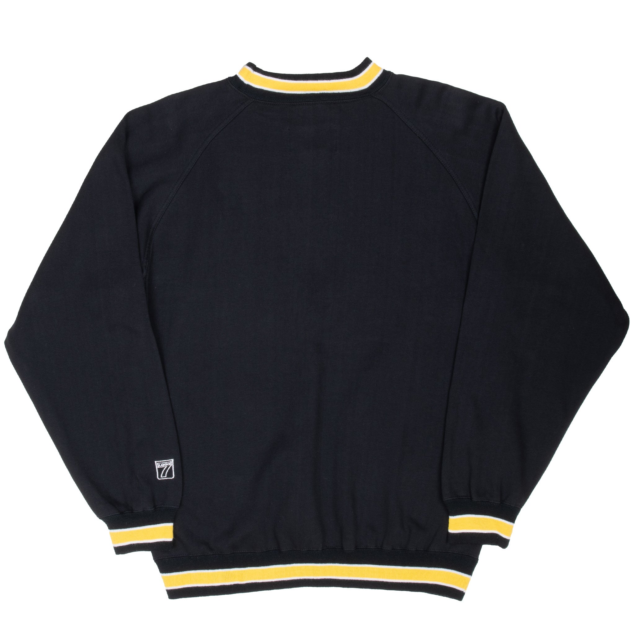 Back of black Pittsburgh Steelers sweatshirt with yellow and white striped trim