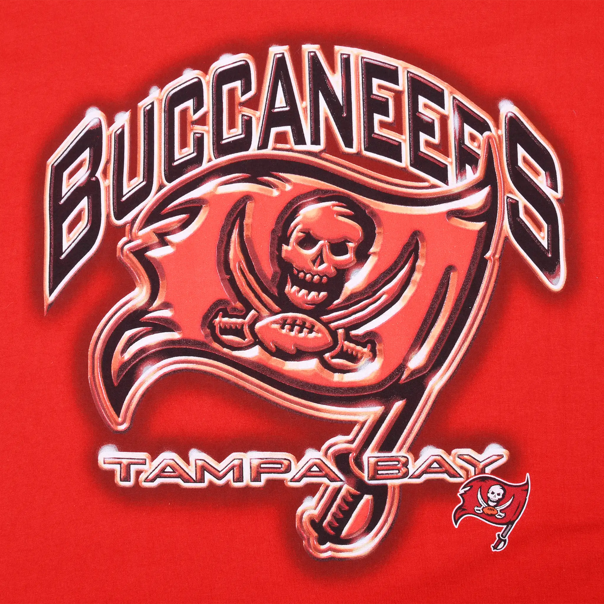 Close-up of Tampa Bay Buccaneers flag, skull and football chest graphic