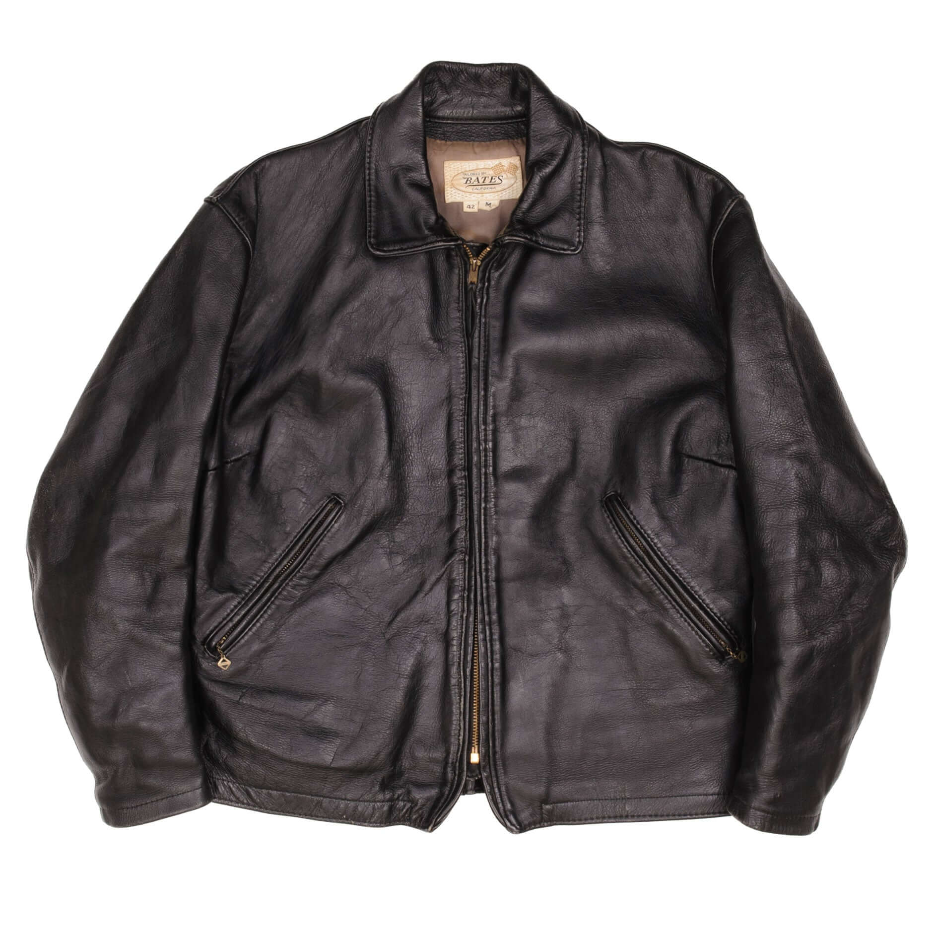 CHAQUETA VINTAGE DE CUERO NEGRO BATES CAFE RACER, AÑOS 60, TALLA MEDIANA, FABRICADA EN
