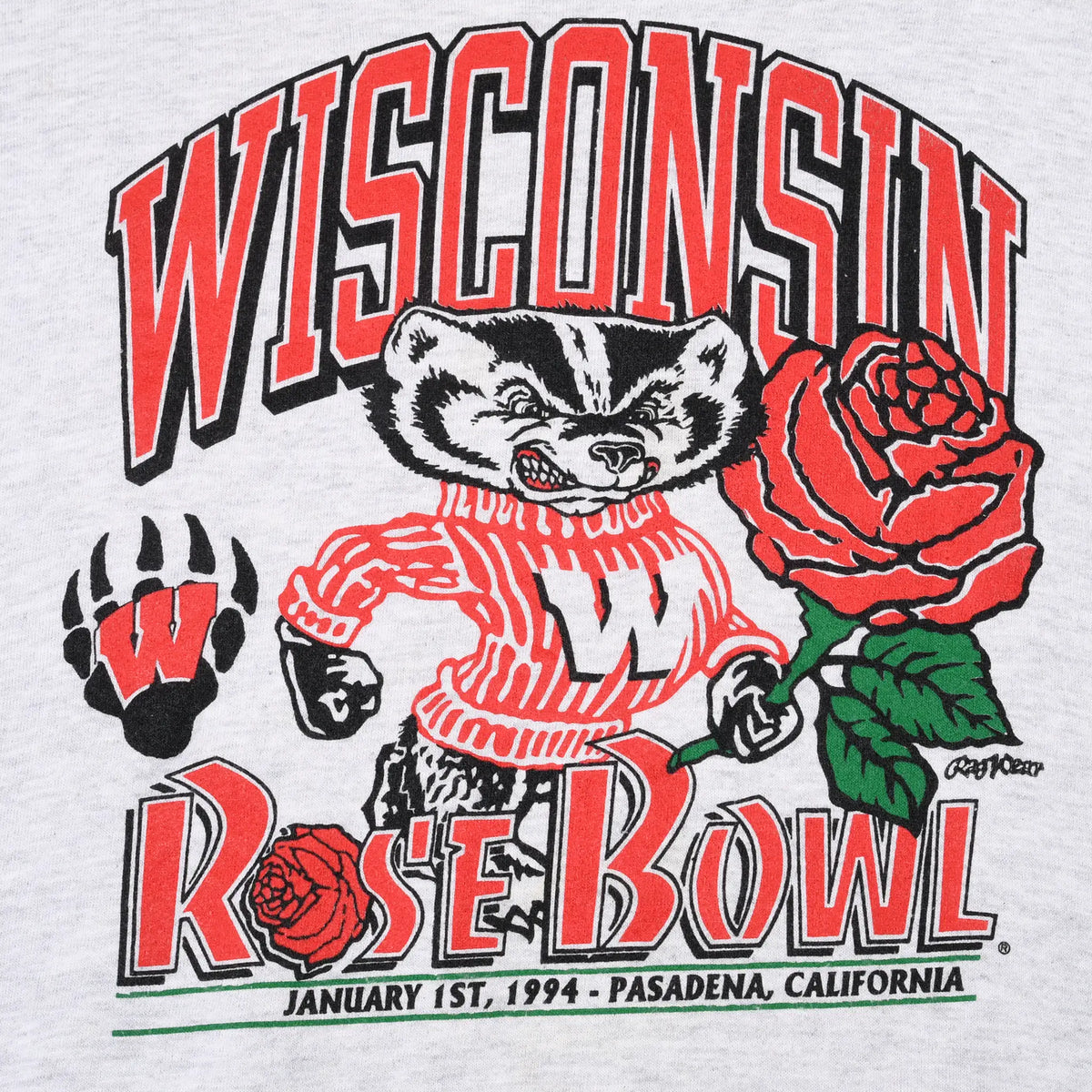 Close-up of Wisconsin Rose Bowl graphic with Bucky Badger, roses and January 1st, 1994 text