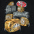 Close-up of 49ers five-time Super Bowl champions graphic with logo and five gold rings
