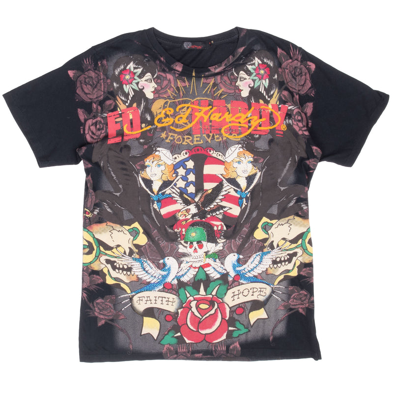 Vintage Ed Hardy All Over Print Rhine Stones Tee Shirt 2000S Medium