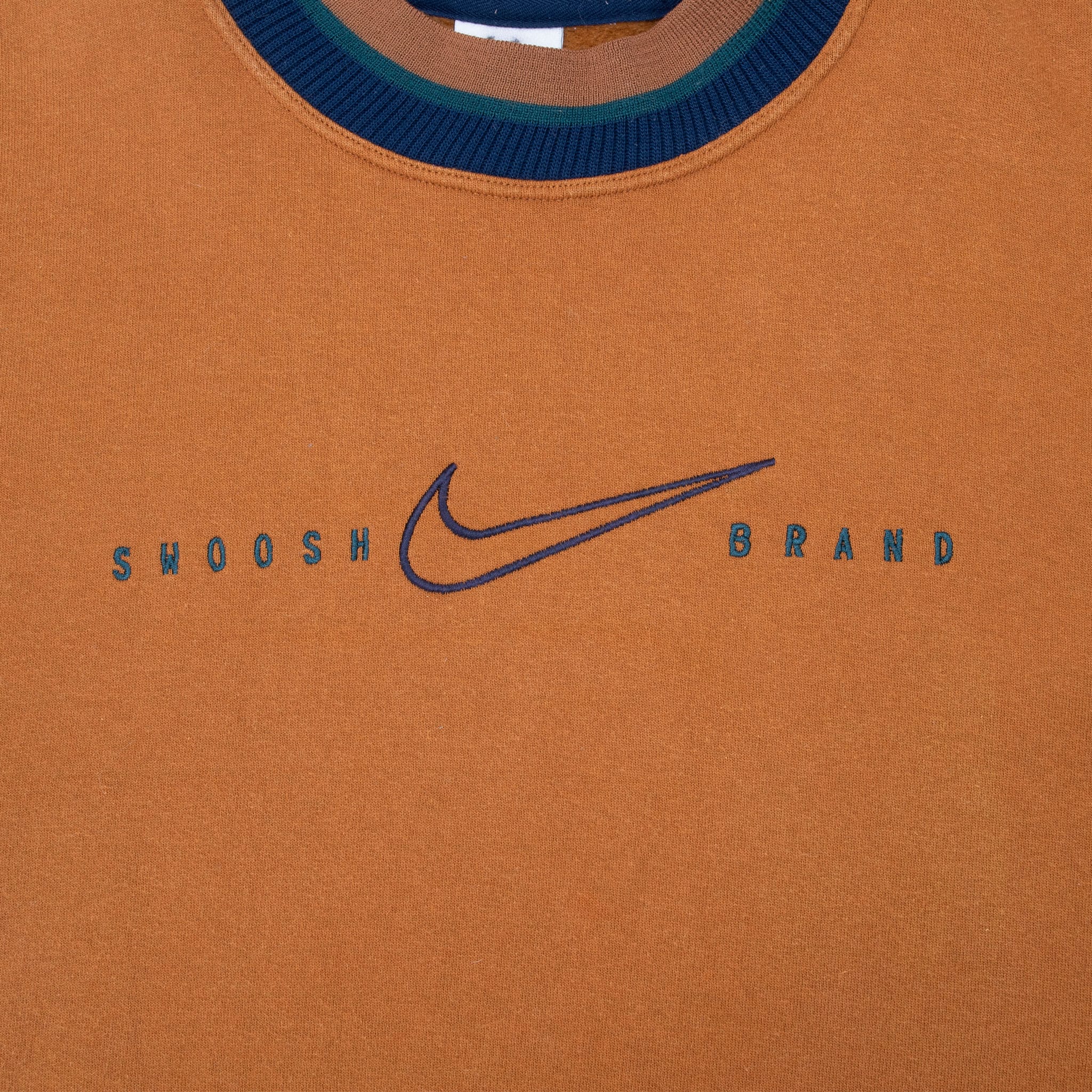 VINTAGE NIKE BIG SWOOSH EMBROIDERED BROWN SWEATSHIRT 1990S SIZE XL