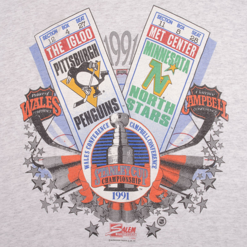 Vintage Nhl Pitssburgh Penguins Vs Minnesota North Stars Stanley Cup Tee Shirt 1991 Size XL Made In USA With Single Stitch Sleeves