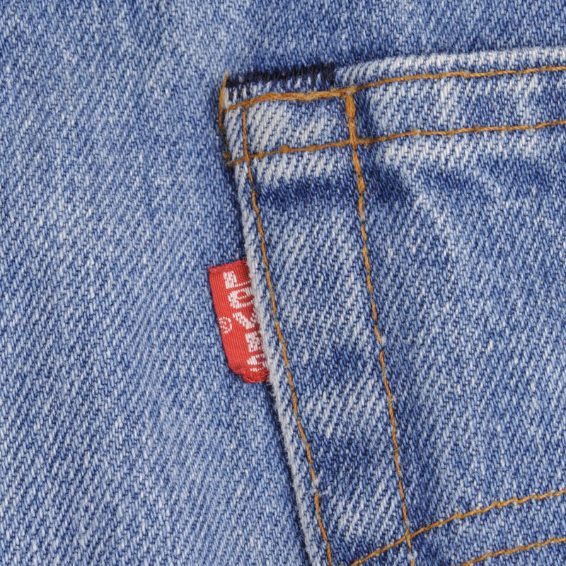 Beautiful Indigo Levis 517 Jeans With Blue Bar Tacks 1980s Made in USA with Medium Dark Wash With Light Whiskers.   Size on tag 34X34 Actual Size 33X34 Back Button #650