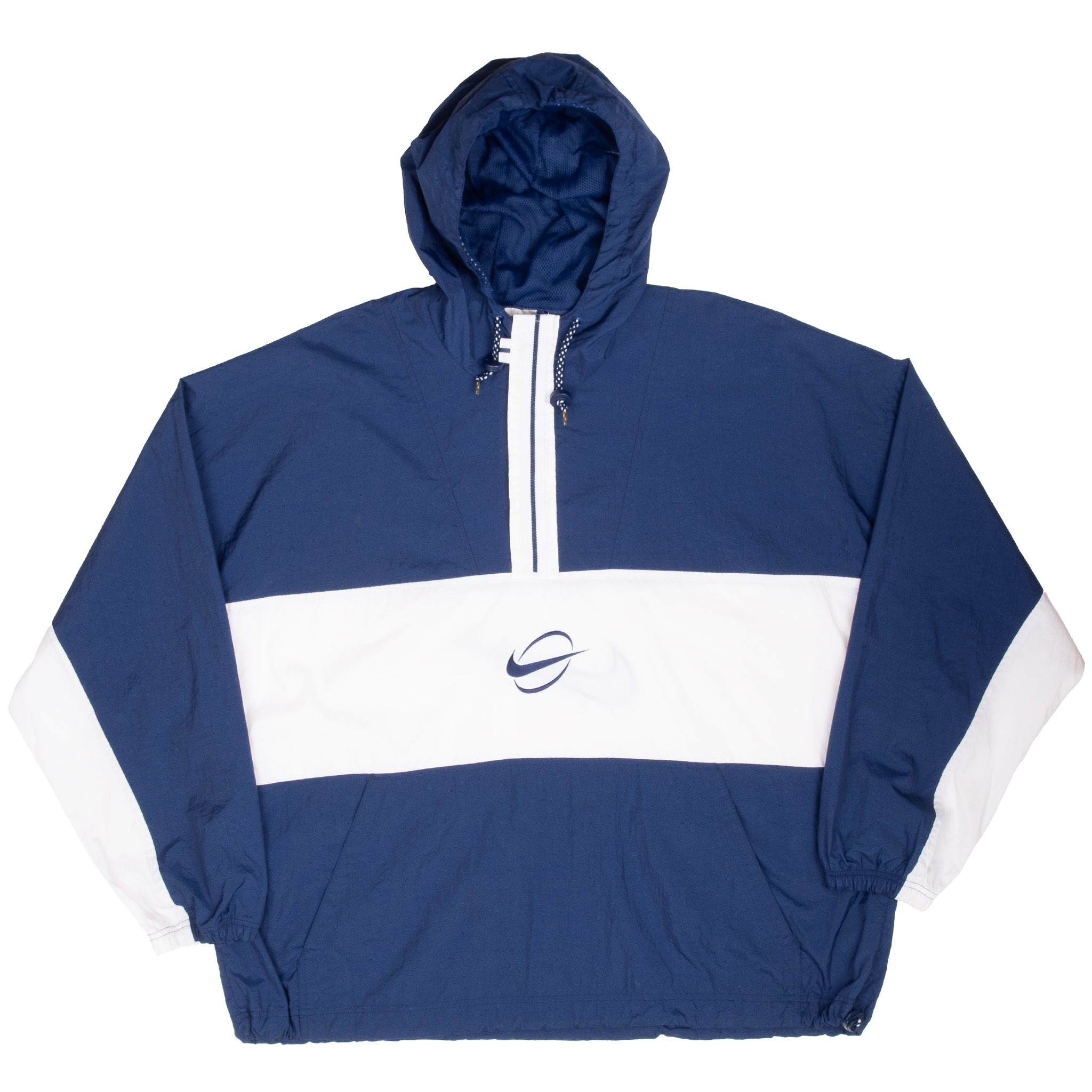Vintage Nike Big Swoosh Blue Pullover Hooded Windbreaker Jacket 1990S Size 2XL