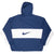 Back of blue and white Nike hooded windbreaker with large Swoosh across white panel