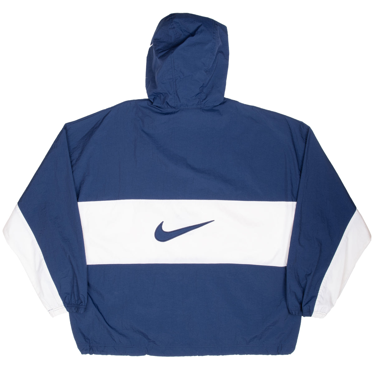 Back of blue and white Nike hooded windbreaker with large Swoosh across white panel