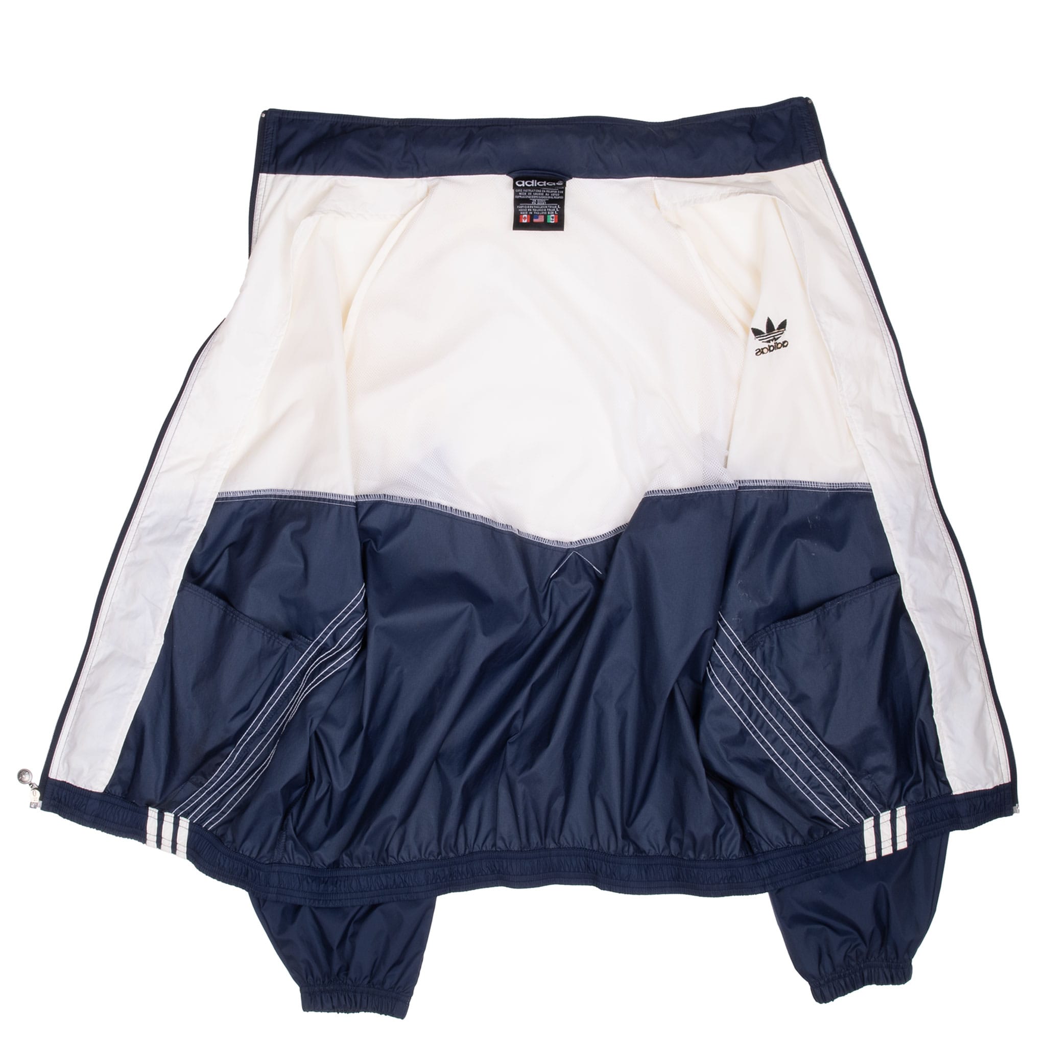 VINTAGE ADIDAS NAVY BLUE WHITE BLACK 1990S WINDBREAKER JACKET LARGE