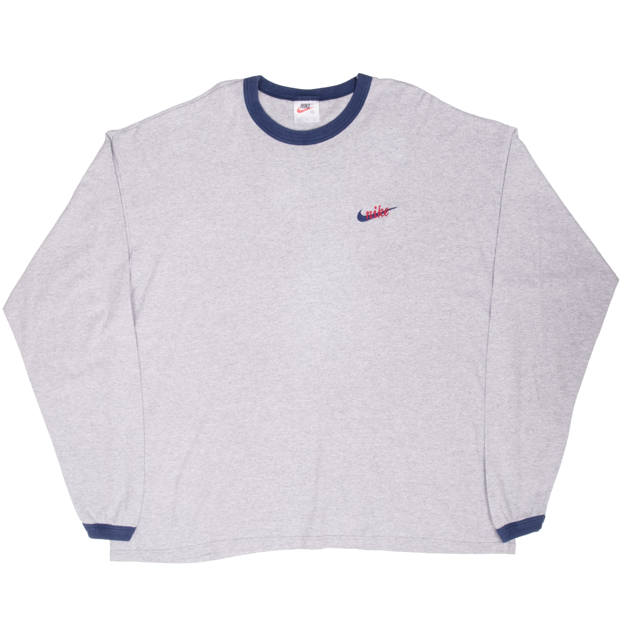 Vintage Nike Swoosh Grey Long Sleeve Ringer Tee Shirt 1990S Size 2XL Made In Usa