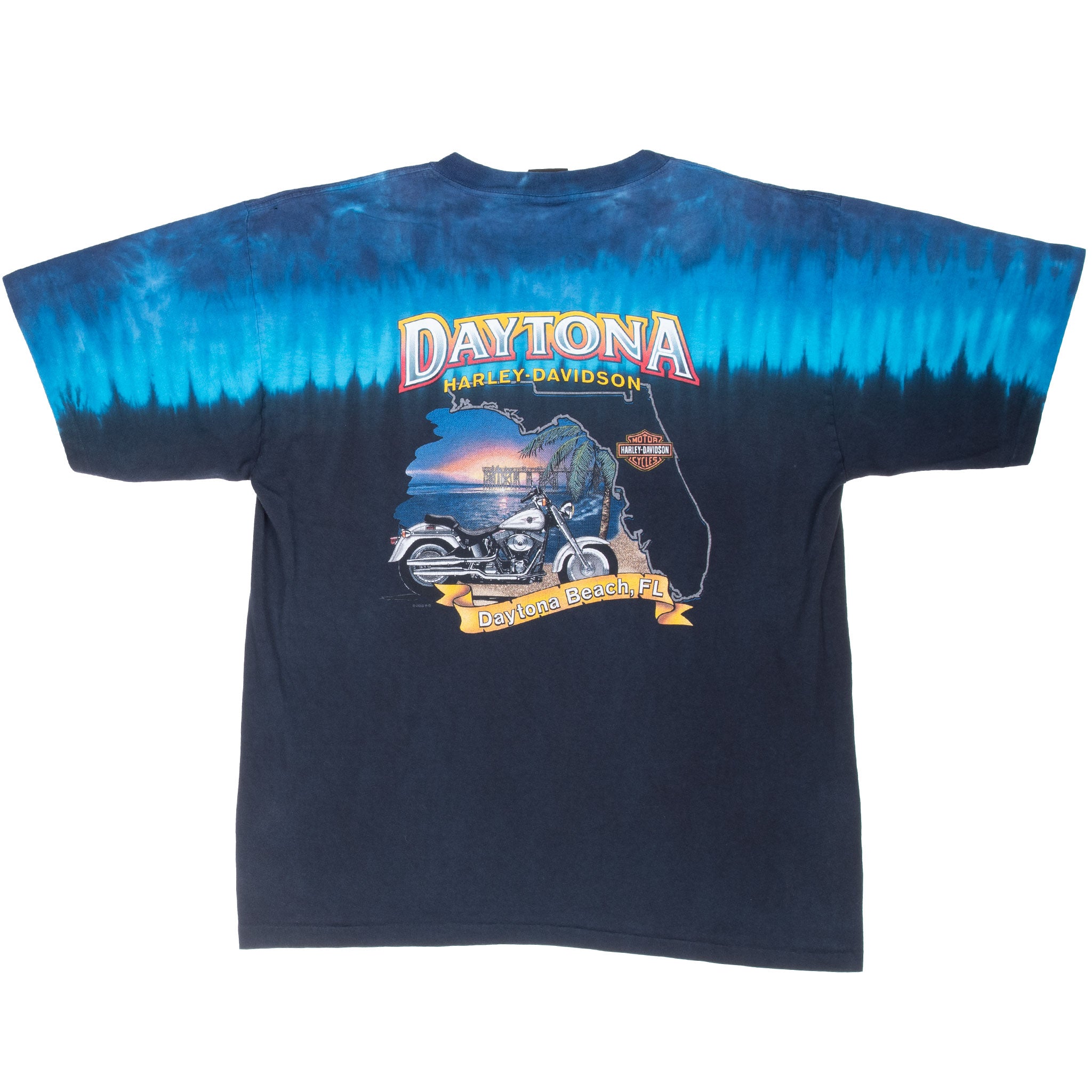 Vintage Harley Davidson Daytona Beach 2000 Tie Dye Tee Shirt With SIngle Stitch Sleeves Size Large Made In Usa