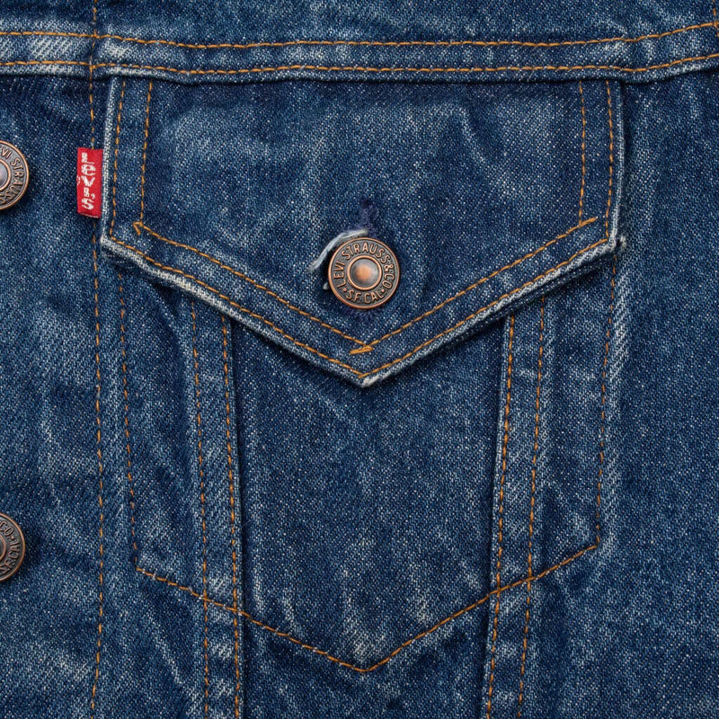 Vintage Levis Type 3 Denim Jacket 4 Pockets 76581 0214 1980S Size Small Made In Usa With A Medium Dark Wash