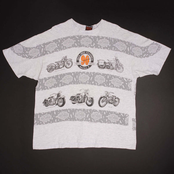 Vintage All Over Print 90th Anniversary Harley Davidson Tee Shirt 1993 Size 2XL Made In USA With Single Stitch Sleeves