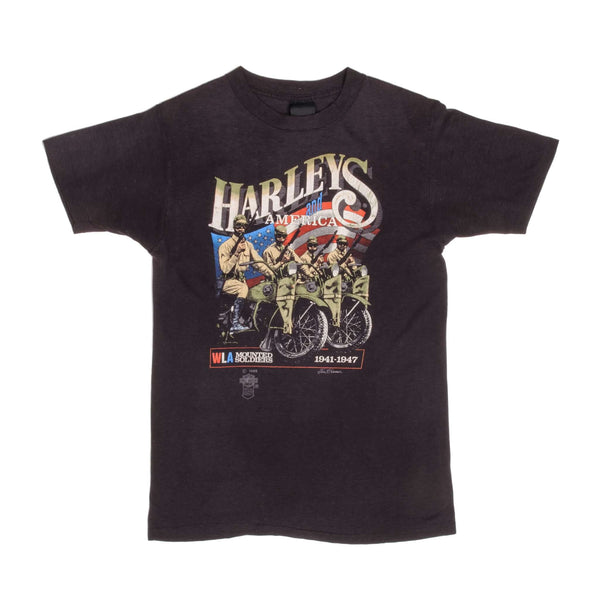 Vintage Harley Davidson And America WLA Mounted Soldiers 1941-1947 Atlanta, GA Tee Shirt Size Small Made In USA With Single Stitch Sleeves