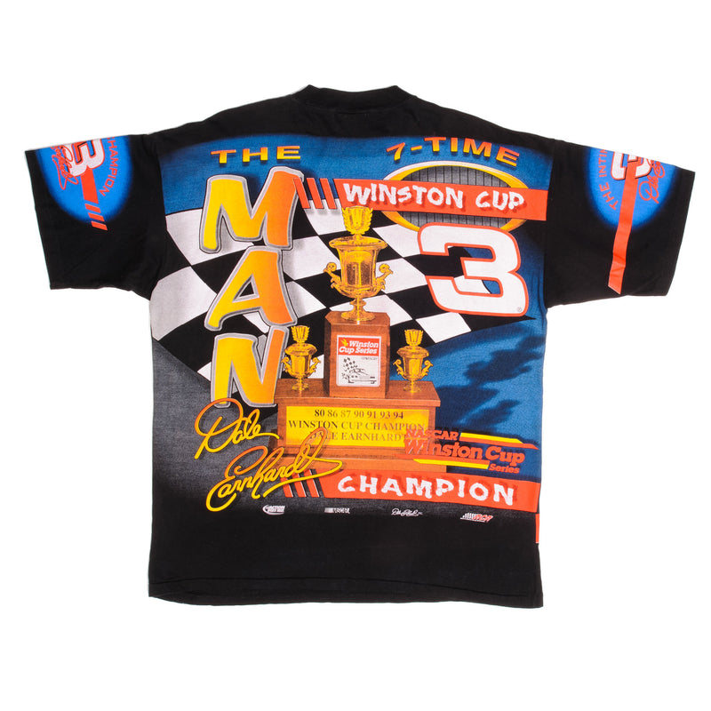Vintage All Over Print Nascar The Intimidator Dale Earnhardt Winston Cup Champion  Tee Shirt 1990S Size XL Made In USA