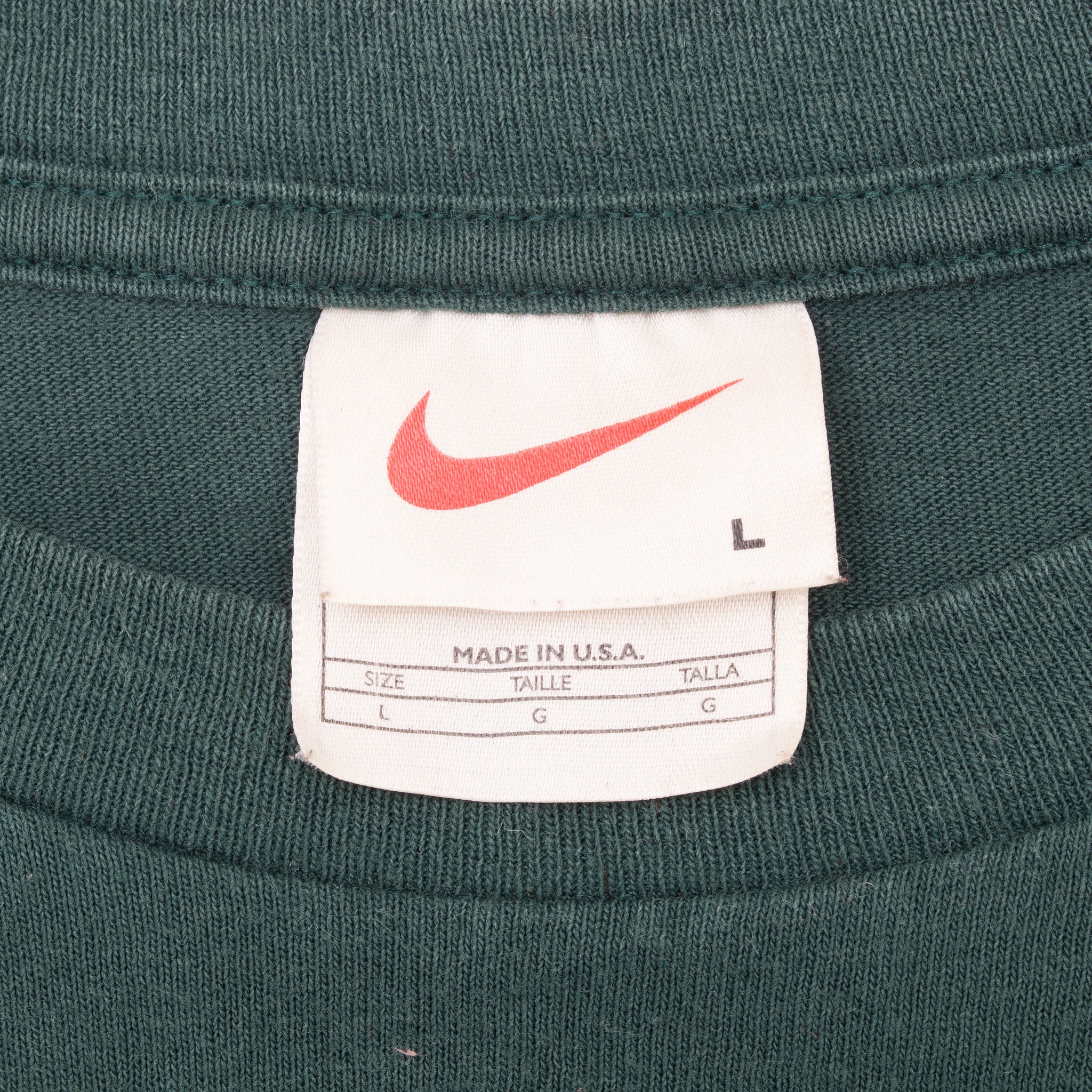 Vintage Nike Small Swoosh Embroidered Green Tee Shirt Late 1990s Size Large Made In USA