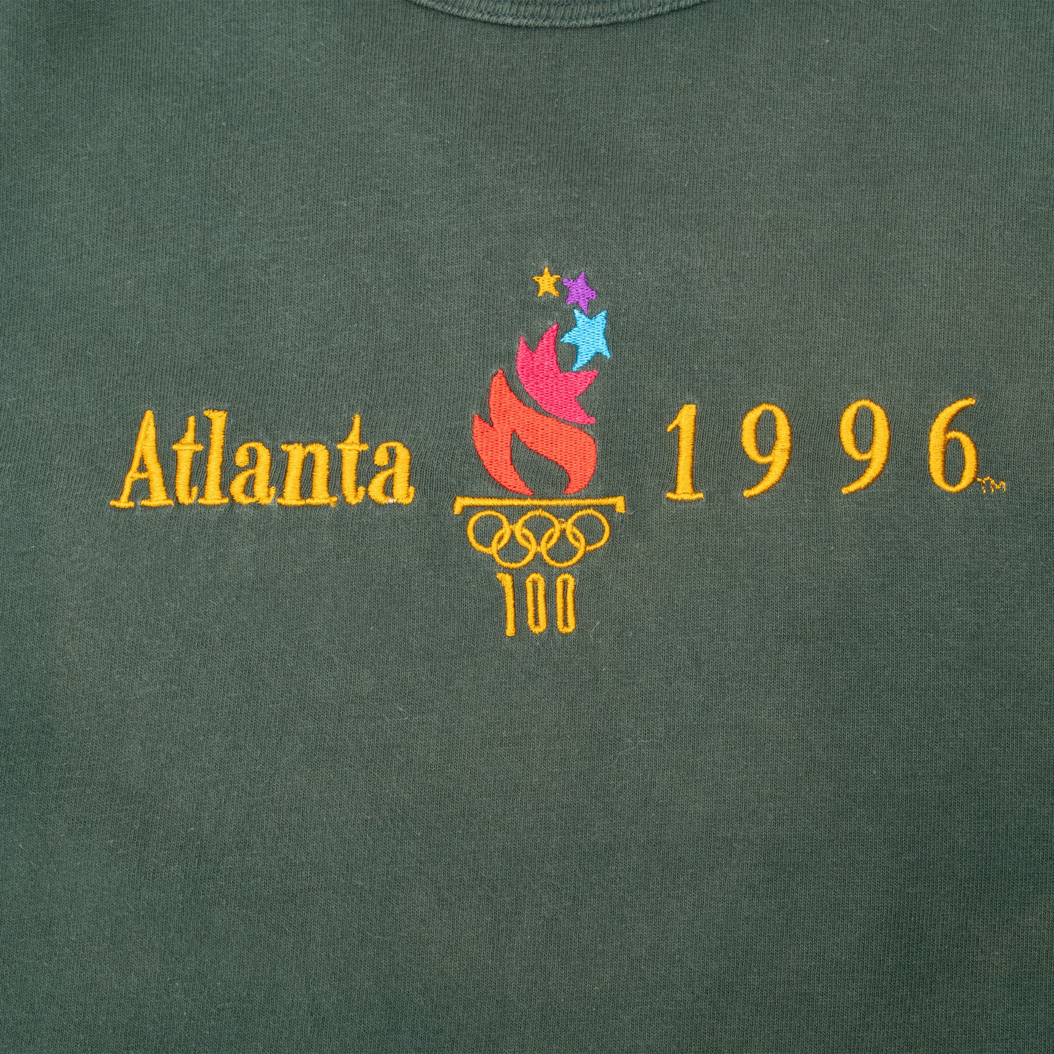 Vintage Champion Atlanta Olympics 1996 Embroidery logo Pine Green Tee Shirt Size 2XL Made In Usa With Single Stitch Sleeves