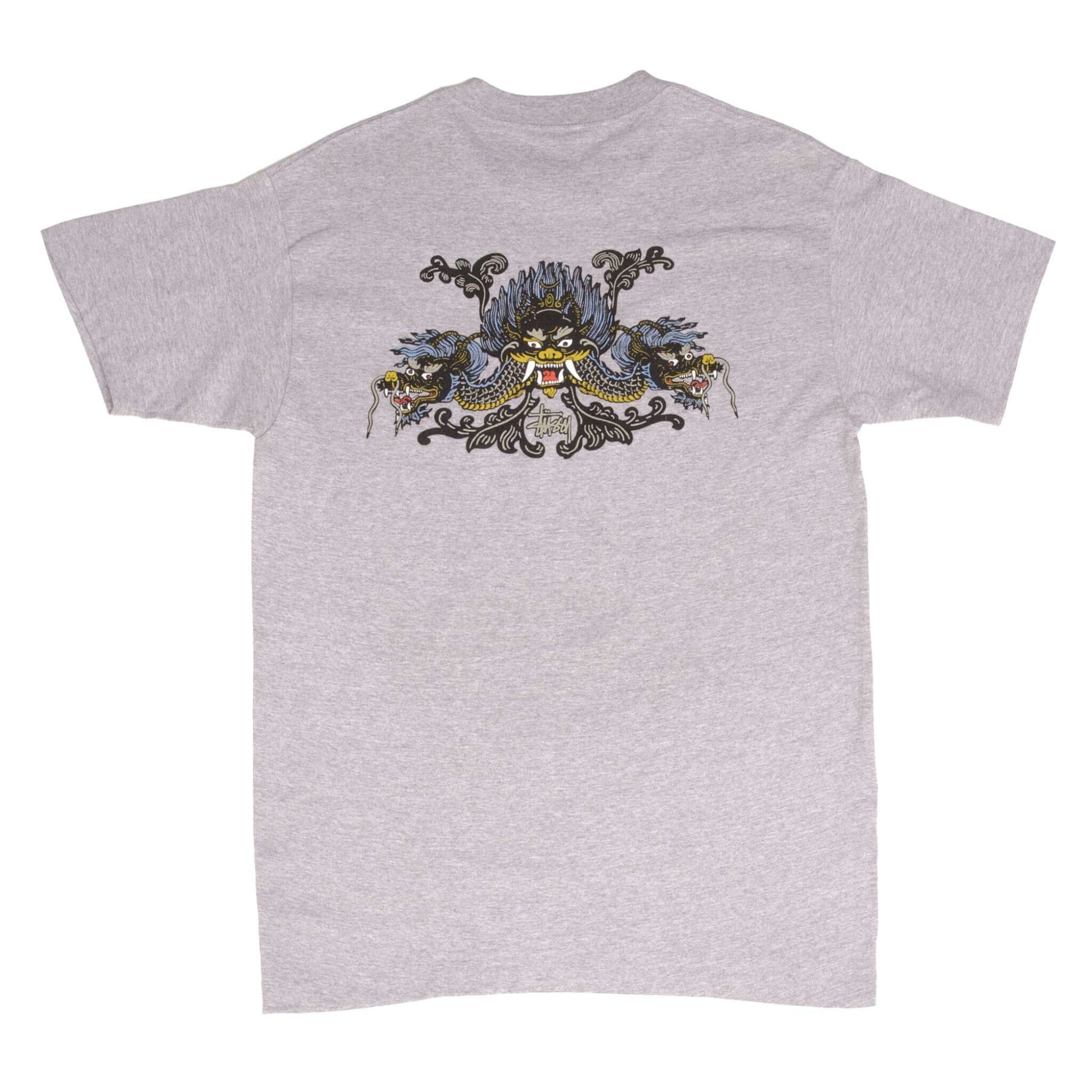 Vintage Stussy Dragon Grey Tee Shirt 1990S Size Large Made In Usa With Single Stitch Sleeves