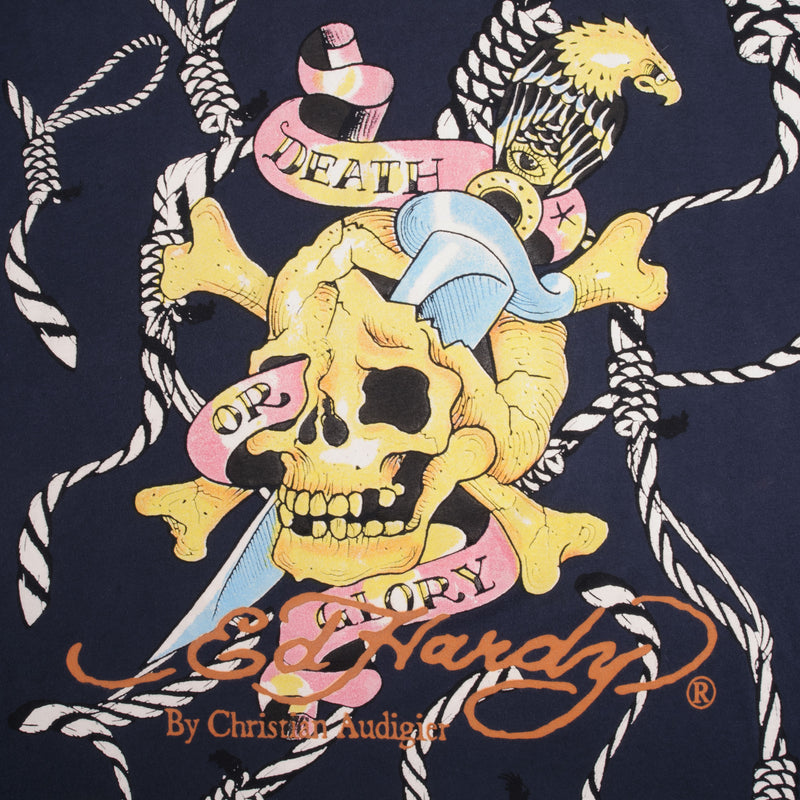 Vintage Ed Hardy By Christian Audigier Death Or Glory Skull Tee Shirt 2000S Size 2XL Made In USA