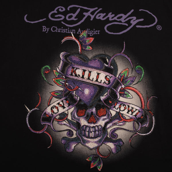 Vintage Ed Hardy By Christian Audigier Love Kills Slowly Skull Tee Shirt 2000S Size 2XL Made In USA