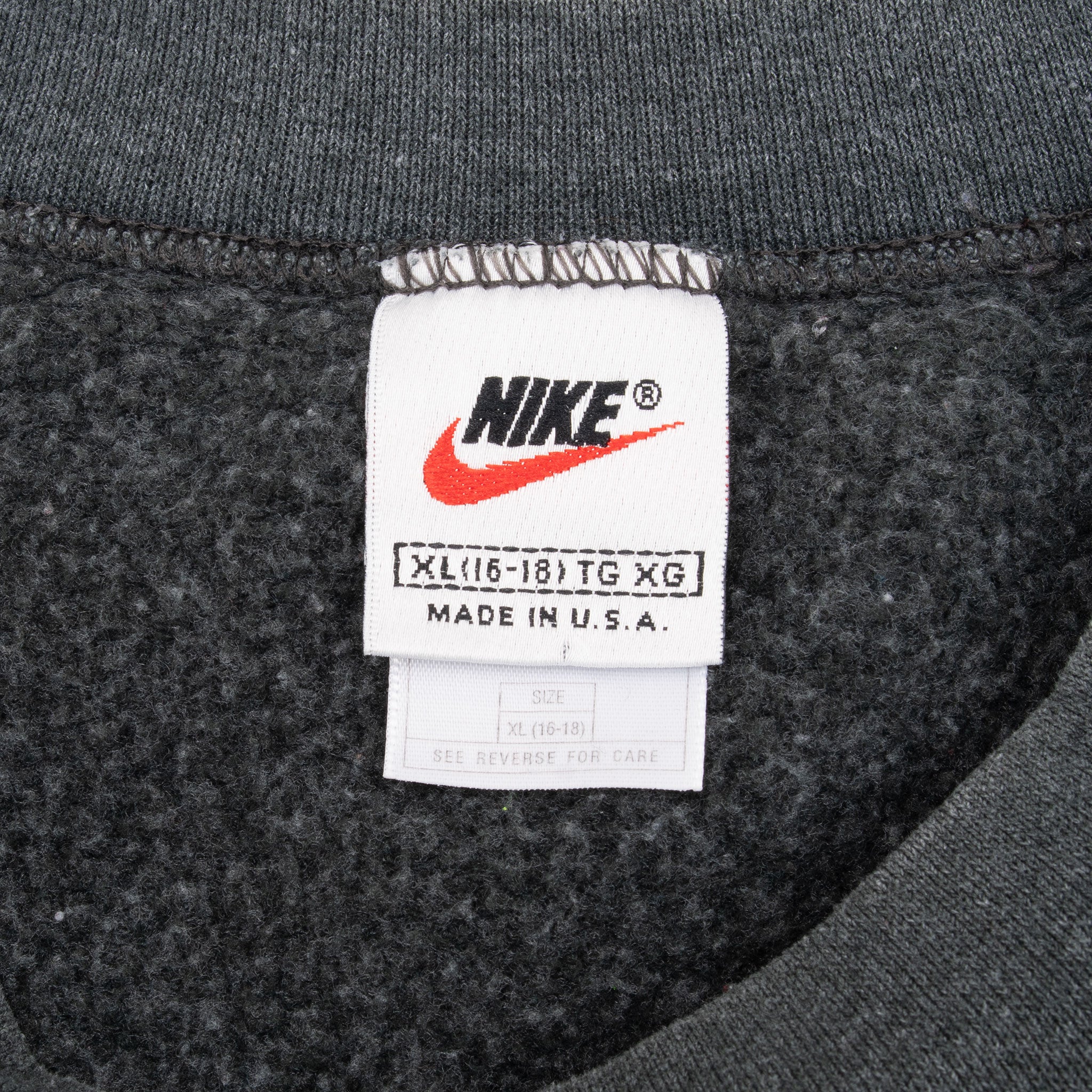 Vintage Nike Classic Swoosh Dark Grey Sweatshirt 1990S Size XL Youth (16/18)