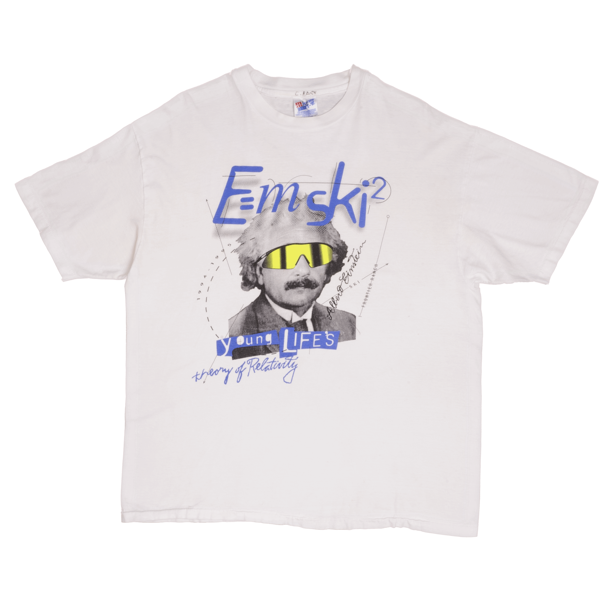 Vintage Albert Einstein E=Mski2 Young Life's Tee Shirt 1995 Size XL Made In USA With Single Stitch Sleeves
