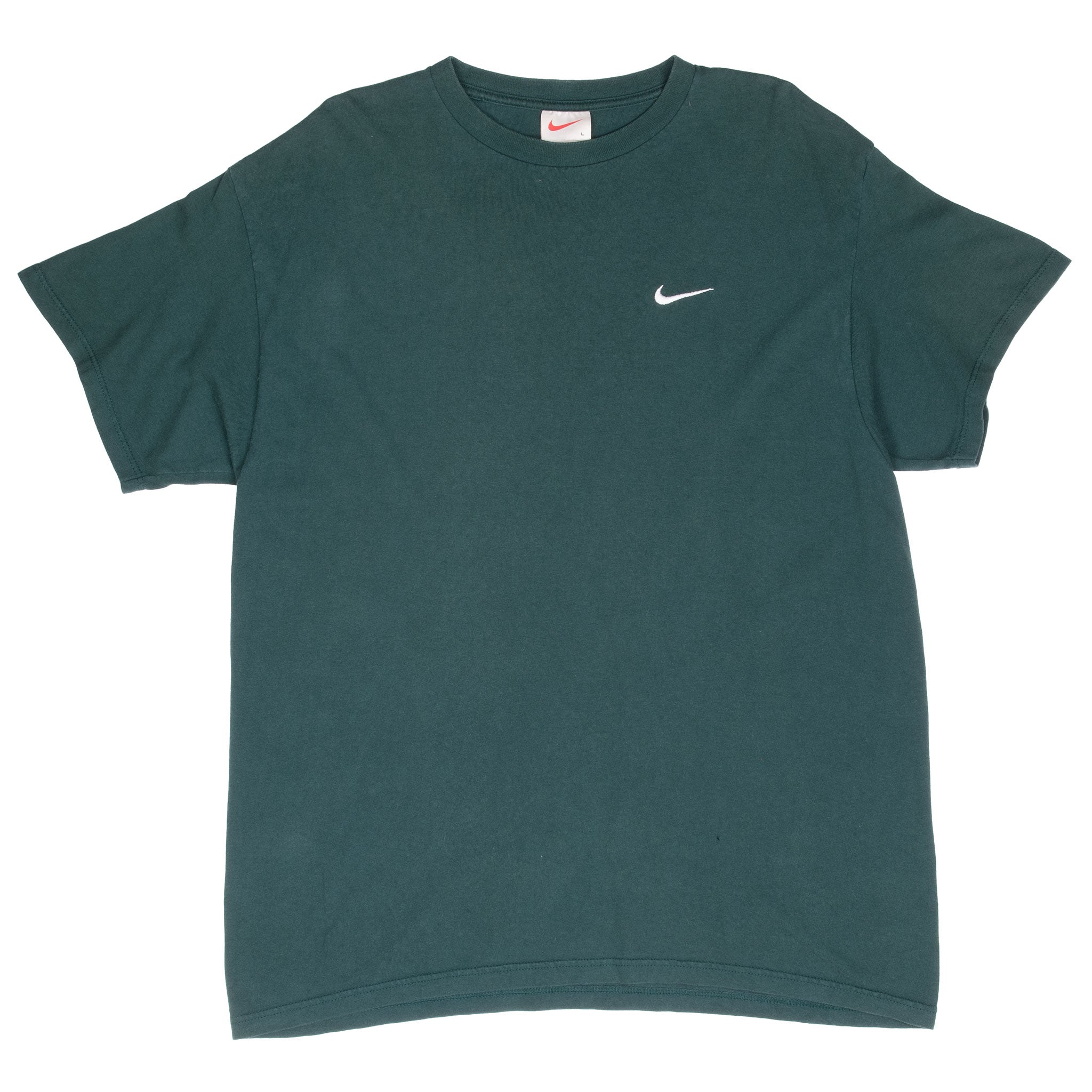 Vintage Nike Small Swoosh Embroidered Green Tee Shirt Late 1990s Size Large Made In USA