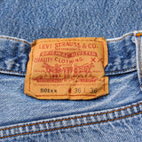 Beautiful Indigo Levis 501 Jeans Made in USA with a light blue wash, some nice whiskers and a nice contrast of light and medium blue.  Size 32x31  Back Button #5